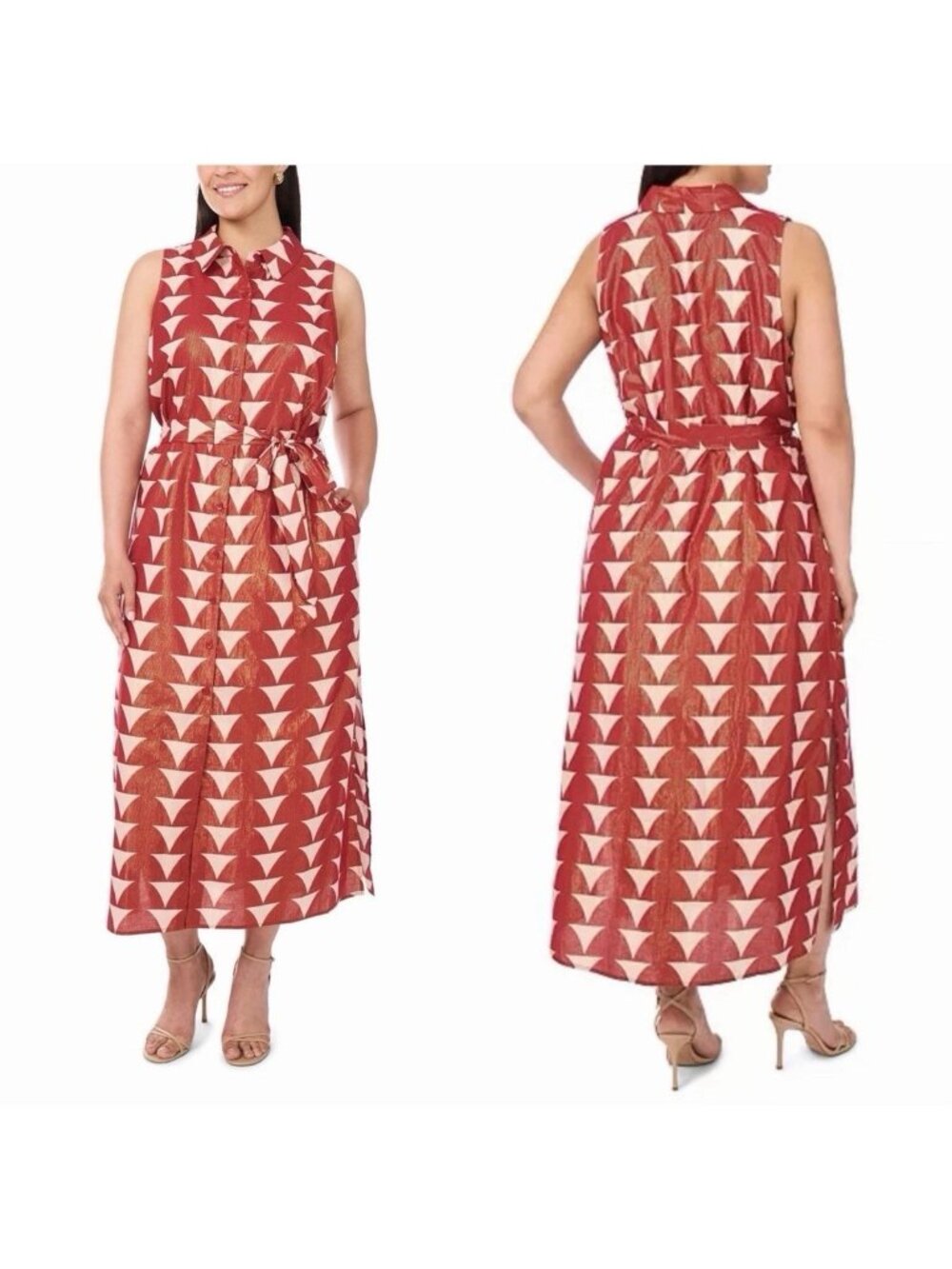 Sleeveless Button-Down Maxi Dress With Tie Waist In Rio Red Print Size 3X By MSK